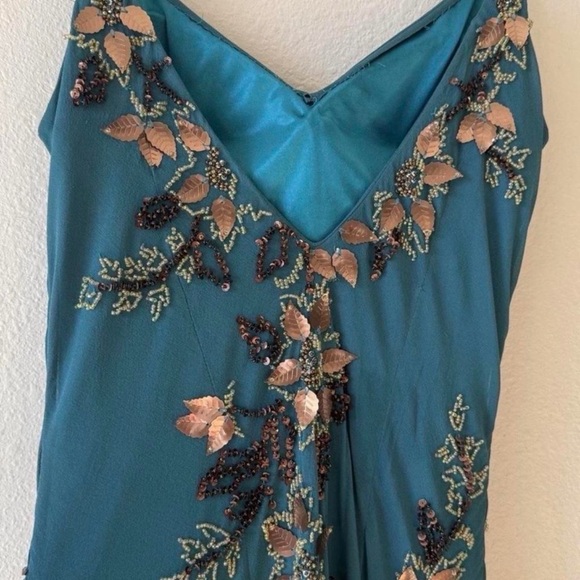 Vintage Sue Wong 100% Silk Teal Floral Beaded Dress - Picture 3 of 8